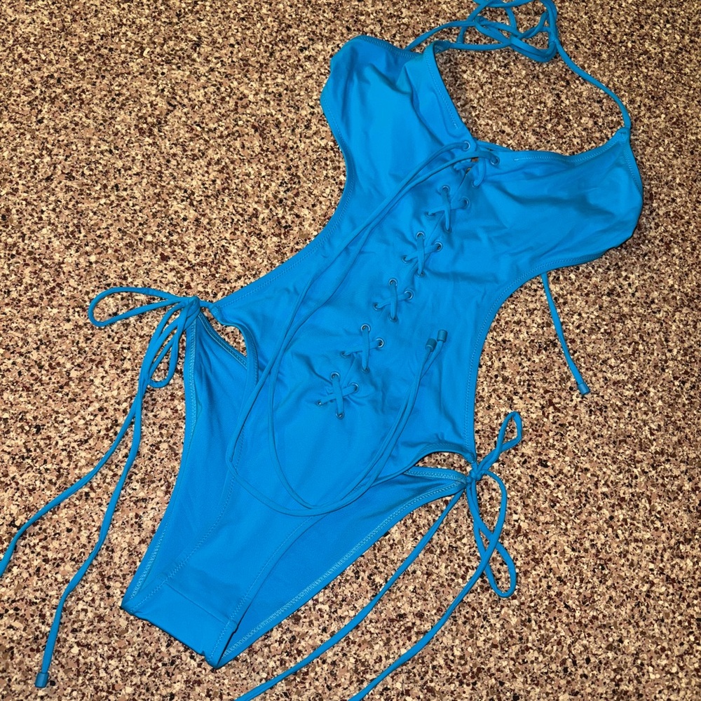 New SKIMS Signature Swim Lace Up Monokini Turquoise Blue XL Beach Kim Kardashian